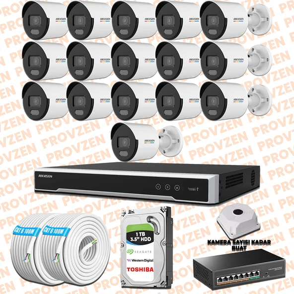 Provzen Hikvision 16 IP Kamera 7/24 Renkli Mikrofonlu Güvenlik Kamerası Olay Anında bildirim ürün görseli 1