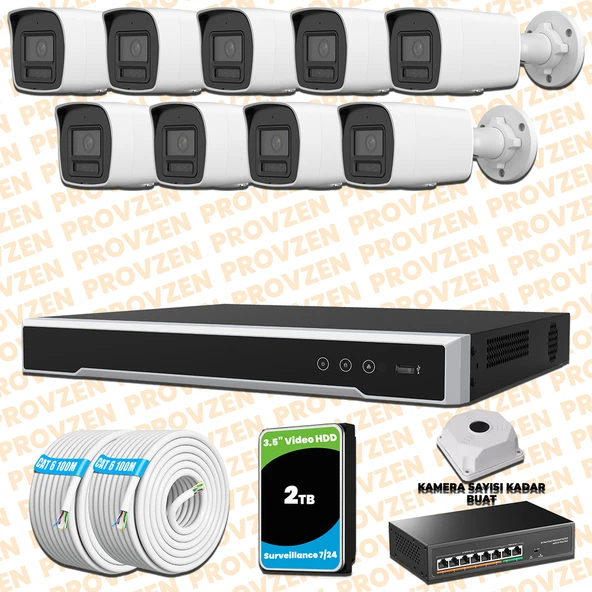 Provzen Hikvision 9 Kameralı 4MP IP Hibrit ColorVu Güvenlik Kamerası Mikrofonlu  Olay Anında bildirim ürün görseli 1