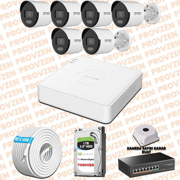 Provzen Hikvision 6 IP Kamera 7/24 Renkli Mikrofonlu Güvenlik Kamerası Olay Anında bildirim ürün görseli 1