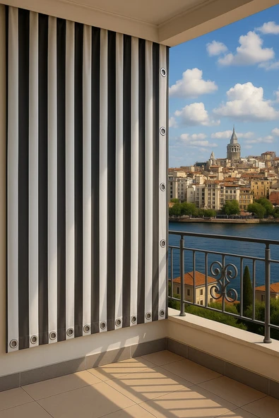 GENCER Home Balkon Perdesi Kuş Gözü Ölçü Seçenekli Gri Beyaz ürün görseli 1