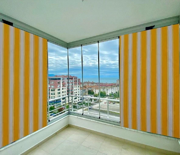 GENCER Home Balkon Perdesi Bağcıklı Ölçü Seçenekli Sarı Kalın Çizgili ürün görseli 1