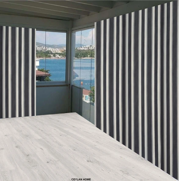 Ceylan Home Balkon Perdesi Gri Beyaz Çizgili Ölçü Seçenekli ürün görseli 1