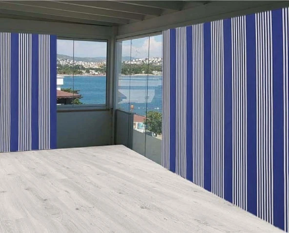 Ceylan Home Balkon Perdesi Her Ölçüde Özel Dikim Mavi Beyaz Çizgili ürün görseli 1