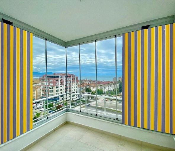 CEYLAN Home Balkon Perdesi Kuş Gözü Ölçü Seçenekli Sarı Gri Çizgili ürün görseli 1