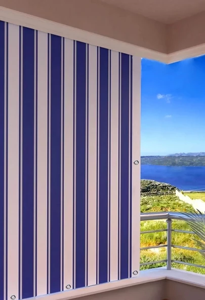 Gencer Home Balkon Perdesi Kuş Gözü Ölçü Seçenekli Mavi Beyaz Çizgili ürün görseli 1