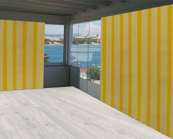 Ceylan Home Balkon Perdesi Her Ölçüde Özel Dikim Sarı Beyaz Çizgili ürün görseli 1