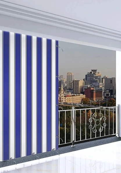 GENCER Home Balkon Perdesi Bağcıklı Ölçü Seçenekli Mavi Beyaz ürün görseli 1