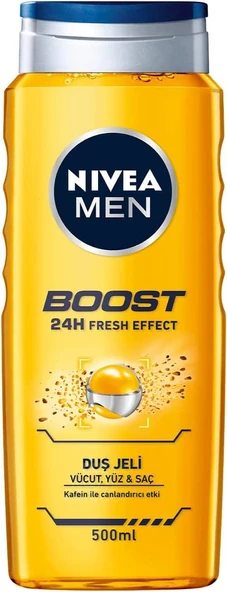 NIVEA Men Boost Duş Jeli 500 ml, 3'ü 1 Arada Komple Bakım, Vücut, Saç ve Yüz için, Kafein ile Canlandırıcı Bakım ürün görseli 1