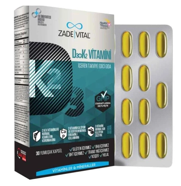 Zade Vital D3 + K2 Vitamini İçeren Takviye Edici Gıda 30 Yumuşak Kapsül ürün görseli 1