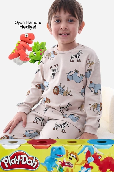 Animal Desenli İnterlok %100 Pamuk Çocuk Pijama Takımı (4'lü Oyun Hamuru HEDİYE) ürün görseli 1