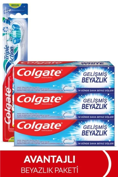 Colgate Diş Macunu Gelişmiş Beyazlık 3 x 75 ml, Üçlü Etki Orta Diş Fırçası ürün görseli 1