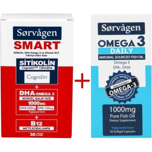 Sorvagen Smart Sitikolin Dha Omega 3, B12 30 Kapsül ve Omega 3 Daily Saf Balık Yağı, 50 Kapsül, 1000 mg ürün görseli 1