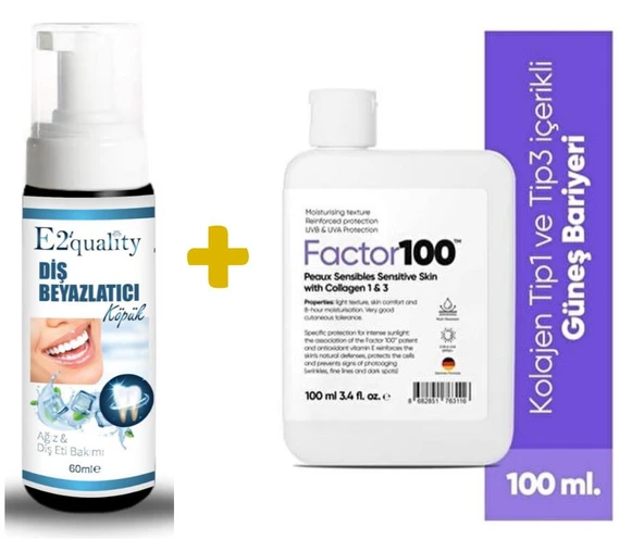 E2'quality Diş Beyazlatıcı Köpük + Factor100 Ultra Nemlendirici Leke Karşıtı Yüksek Korumalı Spf50+ 100ml ürün görseli 1