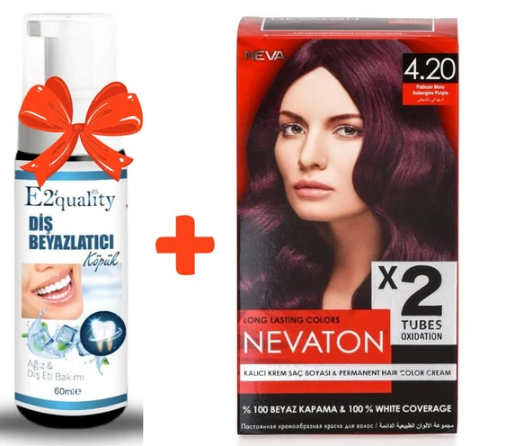 E2'quality Diş Beyazlatıcı Köpük + Nevaton Kalıcı Krem Saç Boyası 4.20 Patlıcan Moru (Bir kutuda 2 boyama) ürün görseli 1