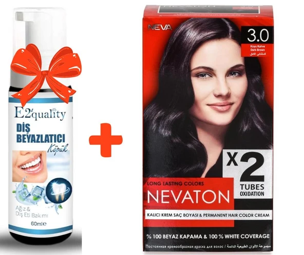 E2'quality Diş Beyazlatıcı Köpük + Nevaton Kalıcı Krem Saç Boyası 3.0 Koyu Kahve ürün görseli 1