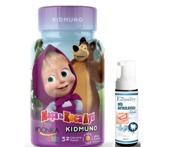 Voonka Kids Maşa ve Koca Ayı Kidmuno Takviye Edici Gıda 32 Tablet- Diş Beyazlatıcı Köpük Hediye ürün görseli 1