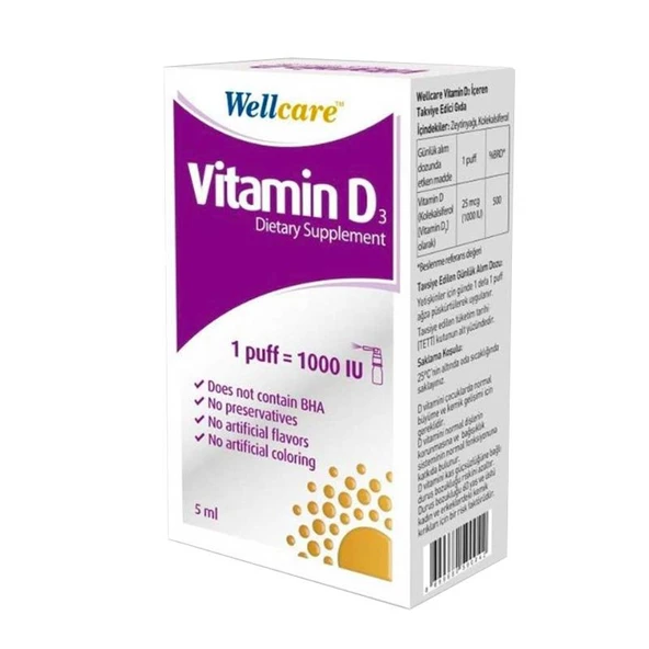 Wellcare Vitamin D3 1000 IU Sprey Takviye Edici Gıda 5 ml ürün görseli 1