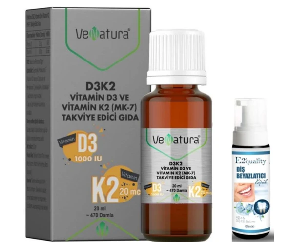 VeNatura D3K2 Vitamin D3 Ve Menaquinon 7 Takviye Edici Gıda 20 ml - Diş Beyazlatıcı Köpük Hediye ürün görseli 1