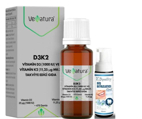 VeNatura Vitamin D3 Ve Mena1quinon 7 (11,25 mcg) Takviye Edici Gıda 20 ml - Diş Beyazlatıcı Köpük Hediye ürün görseli 1