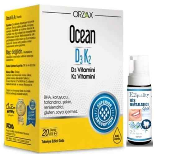 Orzax Ocean D3K2 Vitamin Damla 20 ml - Diş Beyazlatıcı Köpük Hediye ürün görseli 1