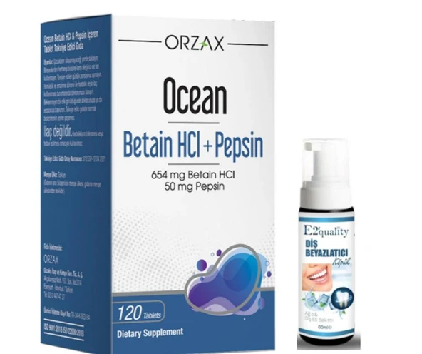 Orzax Ocean Betain HCI+ Pepsin Takviye Edici Gıda 120 Tablet - Diş Beyazlatıcı Köpük Hediye ürün görseli 1