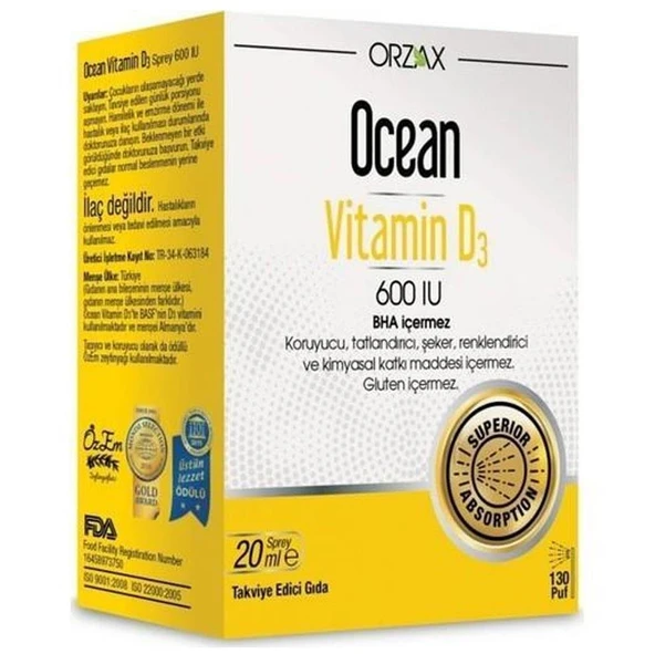 Orzax Ocean Vitamin D3 600 IU Sprey 20ml ürün görseli 1