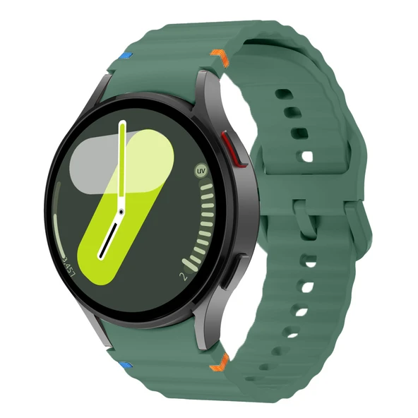 Samsung Galaxy Watch 7 40mm-44mm İle Uyumlu Metal Tokalı Dalgalı Spor Silikon Kordon  Koyu Yeşil ürün görseli 1