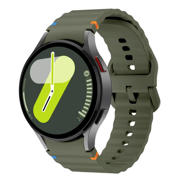 Samsung Galaxy Watch 7 40mm-44mm İle Uyumlu Metal Tokalı Dalgalı Spor Silikon Kordon  Haki ürün görseli 1
