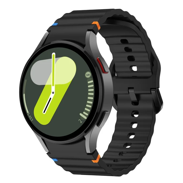 Samsung Galaxy Watch 7 40mm-44mm İle Uyumlu Metal Tokalı Dalgalı Spor Silikon Kordon  Siyah ürün görseli 1
