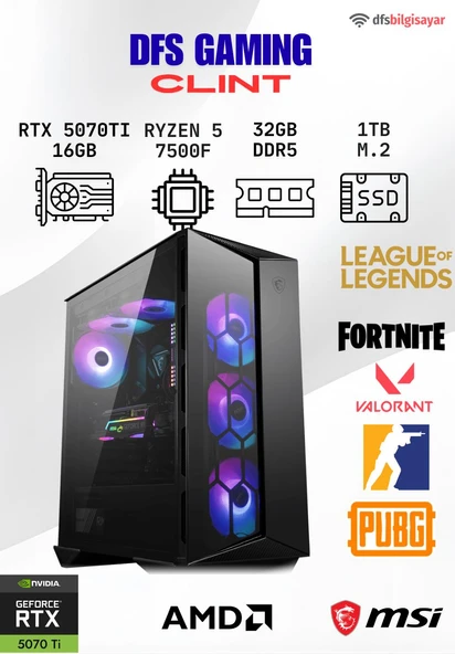 DFS GAMING CLINT RYZEN 5 7500F-B650M-RTX 5070 TI 16GB-32GB DDR5 RAM-1TB M.2 SSD-OYUNCU BİLGİSAYARI ürün görseli 1
