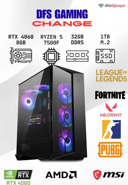DFS GAMING CHANGE RYZEN 5 7500F-B650M-RTX 4060-32GB DDR5 RAM-1TB M.2 SSD-OYUNCU BİLGİSAYARI ürün görseli 1