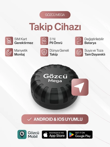 Gözcü Mega Takip Cihazı IOS Android Uyumlu Motor Araç Taşıt GPS Cihazı IP68 Su Geçirmez Akıllı Takibi (5-10 Dakika Aralıklı Sinyal Alır) ürün görseli 1