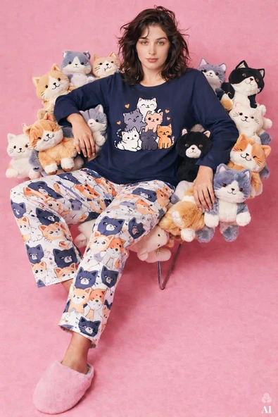 Kadın Gri Pamuklu Kedili Örme Pijama Takımı ürün görseli 1
