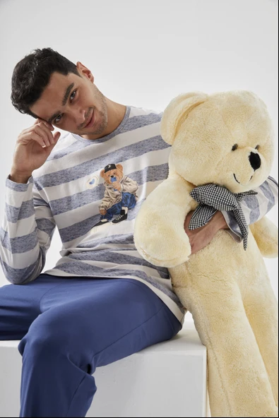 Erkek Pamuklu Uzun Kollu Üst Ayıcık Baskılı Pijama Takımı ürün görseli 1