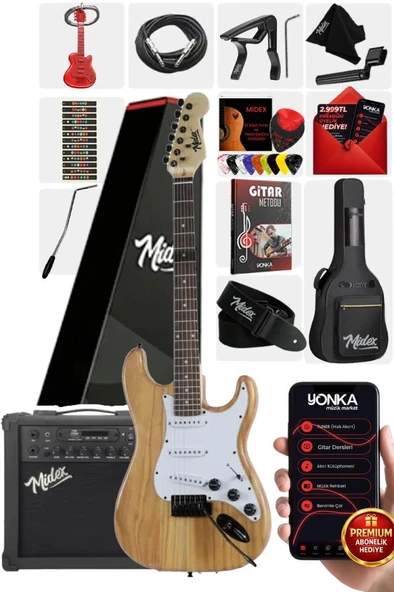 Midex RPH-320WD-25AMP Ahşap Renk Strat Kasa SSS 25W Amfili Elektro Gitar Seti ürün görseli 1