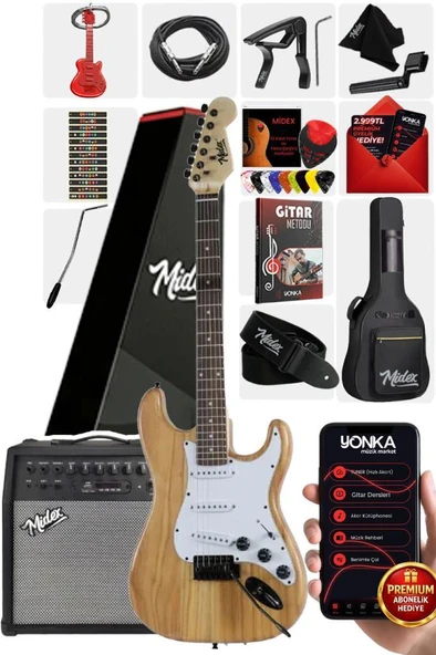Midex RPH-320WD-50AMP Ahşap Renk Strat Kasa SSS 50W Amfili Elektro Gitar Seti ürün görseli 1