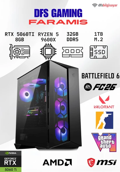 DFS GAMING FARAMIS RYZEN 5 9600X-B650M-RTX 5060 TI 8GB-32GB DDR5 RAM-1TB M.2 SSD-OYUNCU BİLGİSAYARI ürün görseli 1
