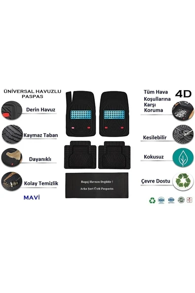 Beka52 Renault Clio 3 Hb Kancalı Model 2007 Uyumlu 4d Havuzlu Yeni Nesil Universal Paspas Mavi ürün görseli 1