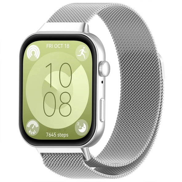Huawei Watch Fit 3 Uyumlu Paslanmaz Hasır Örgü Metal Milano Kordon Strap  Gümüş ürün görseli 1
