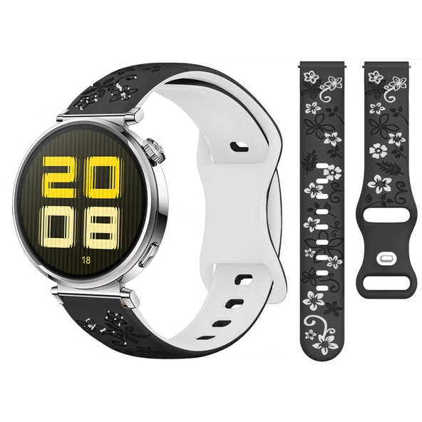 Huawei Watch GT5 41mm Uyumlu FloraFlex Çiçek Desenli Yumuşak Soft Silikon Kordon  Siyah Beyaz ürün görseli 1