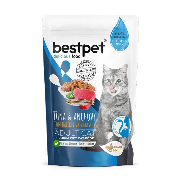Bestpet Yetişkin Kediler İçin, Tahılsız, Jöle İçinde Tuna Ve Hamsi Parça Etli Yaş Mama 85 gr ürün görseli 1