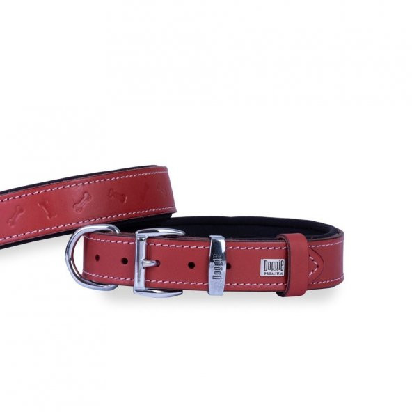 Doggie Deri Kemik Desenli Boyun Tasması M 2.5x37-45cm Kırmızı ürün görseli 1