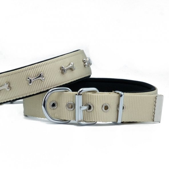 Doggie Comfort Metal Kemik İşlemeli Köpek Boyun Tasması M 3x42-50cm Haki ürün görseli 1