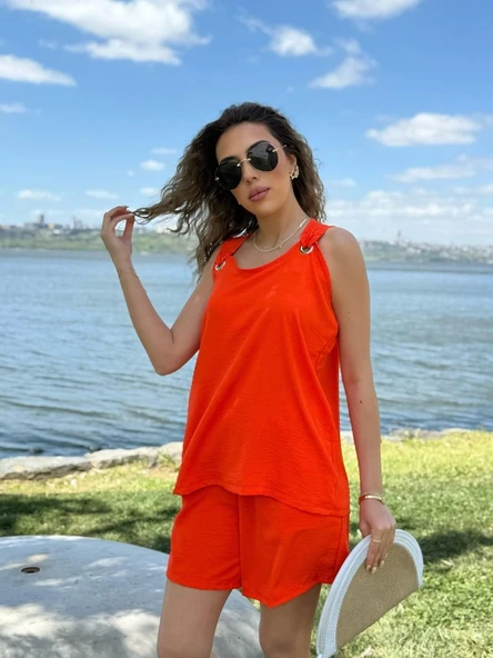 Kadın Kolsuz V Yaka Kuş Gözü Detay Bluz Short Aerobin Ikili Takım ürün görseli 1