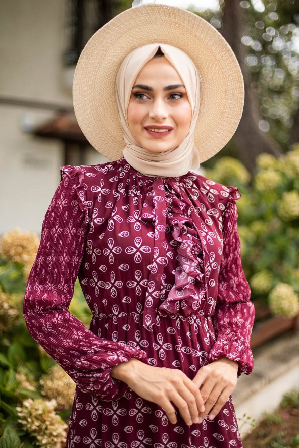 Kolları Piliseli Tesettür Elbise - Bordo - Resim 2
