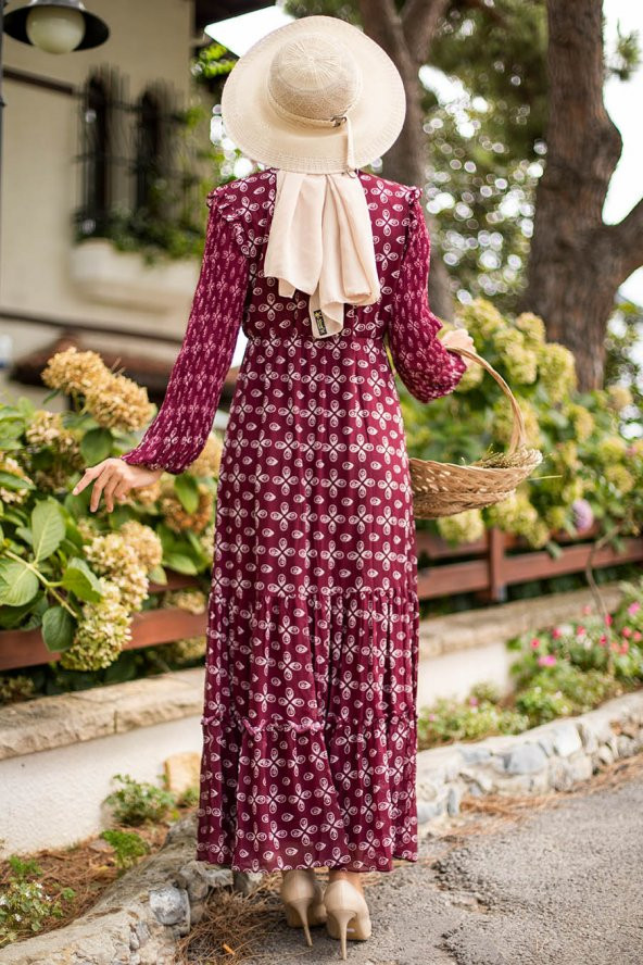 Kolları Piliseli Tesettür Elbise - Bordo - Resim 3