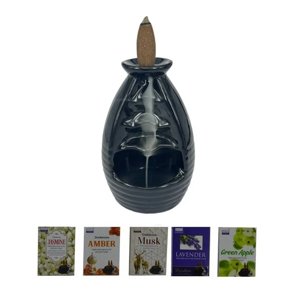 Porselen Geri Akış Tütsü Brülörü +5 Aromatik Tütsü CA4 Siyah ürün görseli 1
