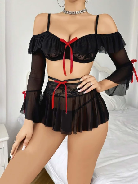 Kadın Siyah Etek Bustiyer Sexy Gecelik Takım 2157 ürün görseli 1