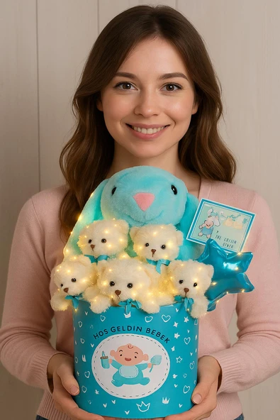 Hoşgeldin Bebek Temalı, Uyku Arkadaşı Tavşan ile  LED Işıklı Yumoş Peluş Ayıcık Buketi, Yenidoğan-Babyshower ÖZEL ürün görseli 1