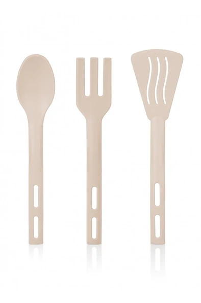 3lü Mini Plastik Spatula Kaşık Çatal Servis Seti Takımı Krem ürün görseli 1